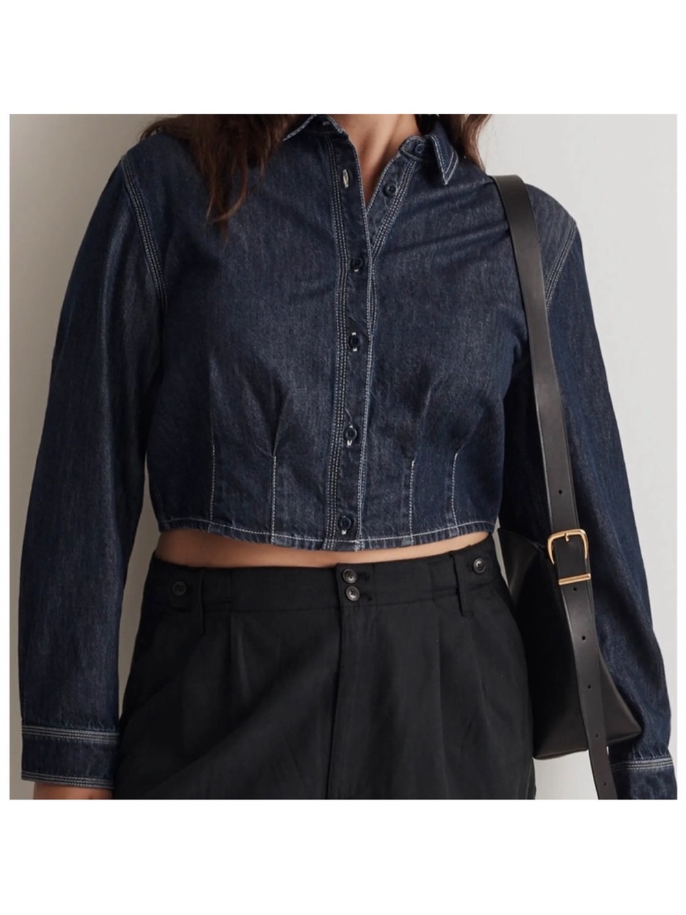 Madewell Denim Pleated Cropped Button-Up Shirt